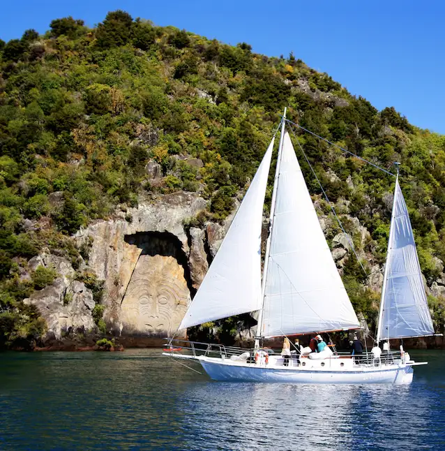 Sail Barbary Lake Taupo Yacht Cruise | Maori Rock Carvings